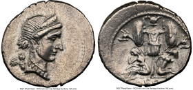 Julius Caesar, as Dictator (49-44 BC). AR denarius (20mm, 3.84 gm, 1h). NGC Choice XF 4/5 - 4/5. Military mint traveling with Caesar in Spain, ca. lat...