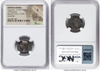 Augustus (27 BC-AD 14). AR denarius (19mm, 4h). NGC Fine, punch mark, scratches. Spanish mint (Colonia Patricia?), ca. 19 BC. CAESAR-AVGVSTVS, bare he...