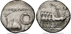 Augustus (27 BC-AD 14). AR denarius (19mm, 3.16 gm, 7h). NGC Choice VF 5/5 - 2/5, brushed. Spain, Tarraco, 18 BC. S•P•Q•R•PAREN / CONS•SVO, toga picta...