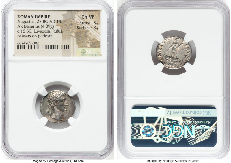 Augustus (27 BC-AD 14). AR denarius (19mm, 4.09 gm, 5h). NGC Choice VF 5/5 - 3/5...