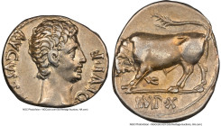 Augustus (27 BC-AD 14). AR denarius (19mm, 3.78 gm, 8h). NGC XF 4/5 - 4/5. Lugdunum, ca. 15-13 BC. AVGVSTVS-DIVI•F, bare head of Augustus right / IMP•...