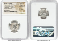 Augustus (27 BC-AD 14). AR denarius (19mm, 3.65 gm, 8h). NGC Choice VF 5/5 - 3/5, marks. Lugdunum, ca. 15-13 BC. AVGVSTVS DIVI•F, bare head of Augustu...