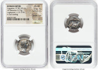 Augustus (27 BC-AD 14). AR denarius (18mm, 3.77 gm, 6h). NGC Choice VF 5/5 - 2/5, bankers marks. Lugdunum, ca. 15-13 BC. AVGVSTVS-DIVI•F, bare head of...
