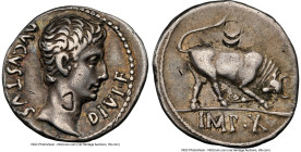 Augustus (27 BC-AD 14). AR denarius (19mm, 3.77 gm, 5h). NGC Choice VF 5/5 - 2/5, bankers marks, light scratches. Lugdunum, ca. 15-13 BC. AVGVSTVS-DIV...