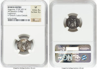Augustus (27 BC-AD 14). AR denarius (18mm, 3.68 gm, 6h). NGC VF 4/5 - 3/5. Lugdunum, 2 BC-AD 4. CAESAR AVGVSTVS-DIVI F PATER PATRIAE, laureate head of...