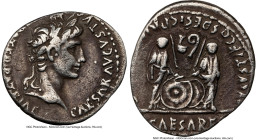 Augustus (27 BC-AD 14). AR denarius (19mm, 3.63 gm, 3h). NGC VF 4/5 - 3/5. Lugdunum, 2 BC-AD 4. CAESAR AVGVSTVS-DIVI F PATER PATRIAE, laureate head of...
