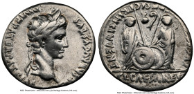 Augustus (27 BC-AD 14). AR denarius (19mm, 11h). NGC Choice Fine, brushed. Lugdunum, 2 BC-AD 4. CAESAR AVGVSTVS-DIVI F PATER PATRIAE, laureate head of...
