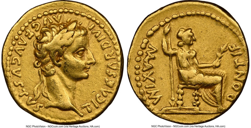 Tiberius, as Augustus (AD 14-37). AV aureus (19mm, 7.67 gm, 6h). NGC VF 5/5 - 3/...