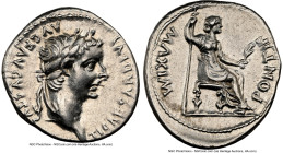 Tiberius (AD 14-37). AR denarius (20mm, 3.87 gm, 1h). NGC AU 5/5 - 4/5. Lugdunum, ca. AD 14-17. TI CAESAR DIVI-AVG F AVGVSTVS, laureate head of Tiberi...