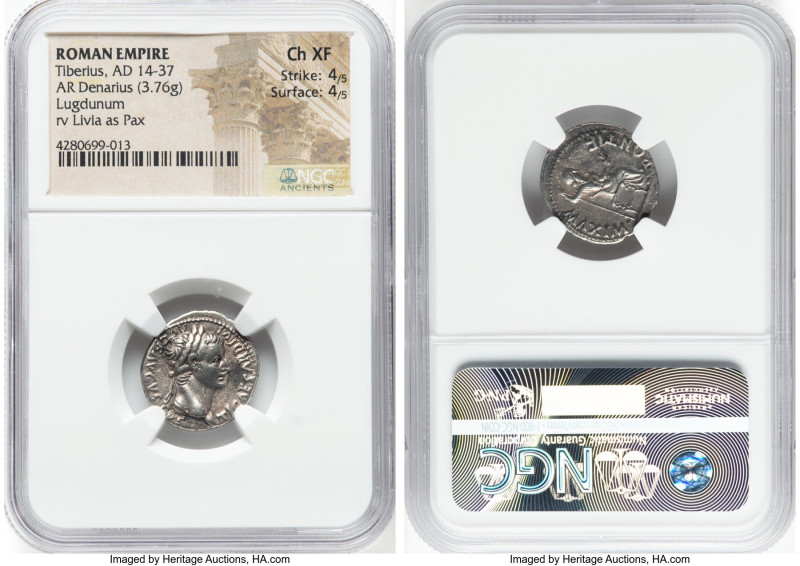 Tiberius, as Augustus (AD 14-37). AR denarius (19mm, 3.76 gm, 4h). NGC Choice XF...