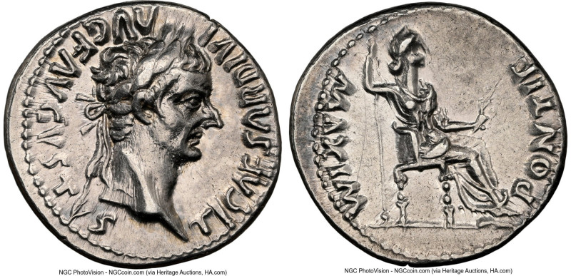 Tiberius, as Augustus (AD 14-37). AR denarius (19mm, 3.79 gm, 5h). NGC Choice XF...