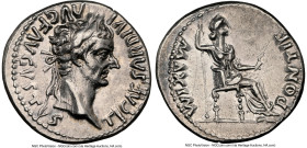 Tiberius, as Augustus (AD 14-37). AR denarius (19mm, 3.79 gm, 5h). NGC Choice XF 5/5 - 3/5, scratch. Lugdunum, ca. AD 14-17. TI CAESAR DIVI-AVG F AVGV...