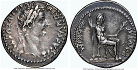Tiberius, as Augustus (AD 14-37). AR denarius (19mm, 3.80 gm, 5h). NGC Choice VF 5/5 - 4/5. Lugdunum, ca. AD 14-17. TI CAESAR DIVI-AVG F AVGVSTVS, lau...