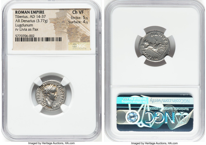 Tiberius, as Augustus (AD 14-37). AR denarius (18mm, 3.77 gm, 4h). NGC Choice VF...