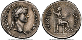 Tiberius, as Augustus (AD 14-37). AR denarius (20mm, 3.74 gm, 7h). NGC Choice VF 5/5 - 3/5, marks. Lugdunum, ca. AD 14-17. TI CAESAR DIVI-AVG F AVGVST...