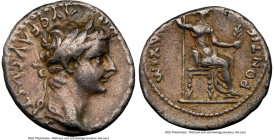 Tiberius, as Augustus (AD 14-37). AR denarius (18mm, 3.80 gm, 11h). NGC VF 3/5 - 4/5. Lugdunum, ca. AD 14-17. TI CAESAR DIVI-AVG F AVGVSTVS, laureate ...