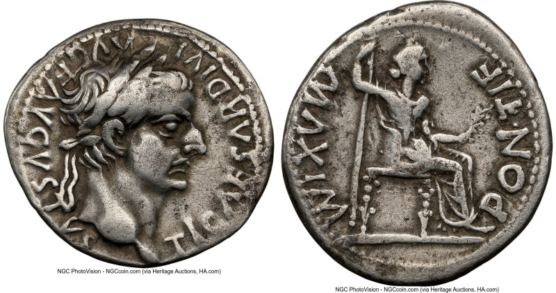 Tiberius, as Augustus (AD 14-37). AR denarius (20mm, 3.49 gm, 2h). NGC Choice Fi...