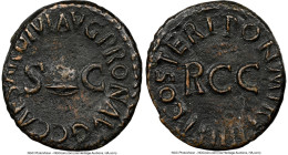 Gaius (Caligula) (AD 37-41). AE quadrans (17mm, 6h). NGC Choice VF. Rome, AD 40-41. C CAESAR DIVI AVG PRON AVG, around pileus; S-C flanking pileus cap...
