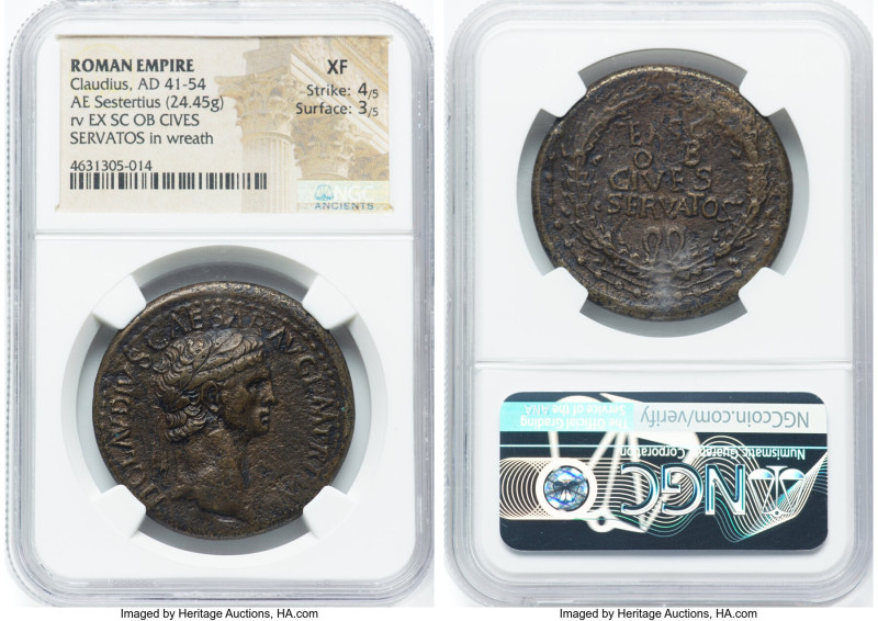 Claudius I (AD 41-54). AE sestertius (36mm, 24.45 gm, 6h). NGC XF 4/5 - 3/5. Rom...