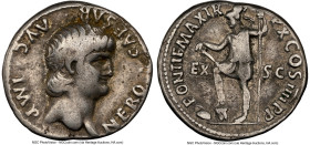 Nero, as Augustus (AD 54-68). AR denarius (19mm, 3.57 gm, 6h). NGC Fine 5/5 - 4/5. Rome, December AD 63-64. NERO•CAESAR•AVG•IMP, bare head of Nero rig...