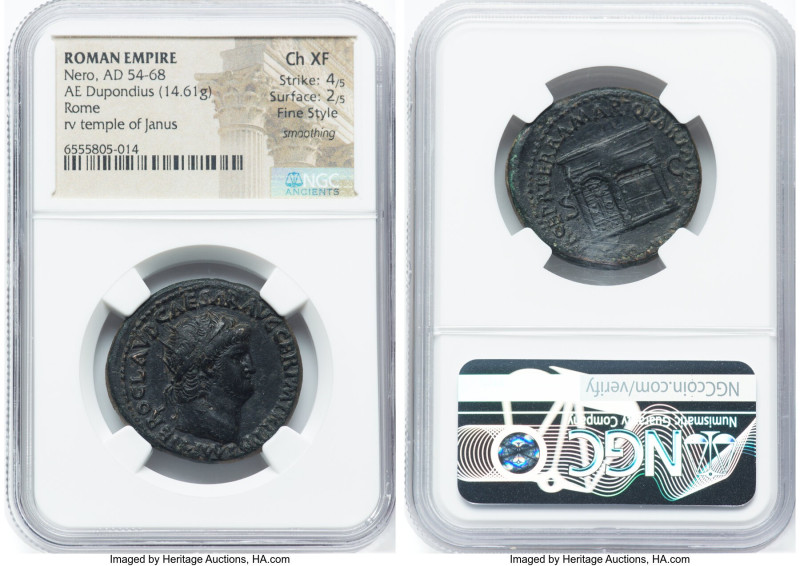 Nero, as Augustus (AD 54-68). AE dupondius (29mm, 14.61 gm, 5h). NGC Choice XF 4...