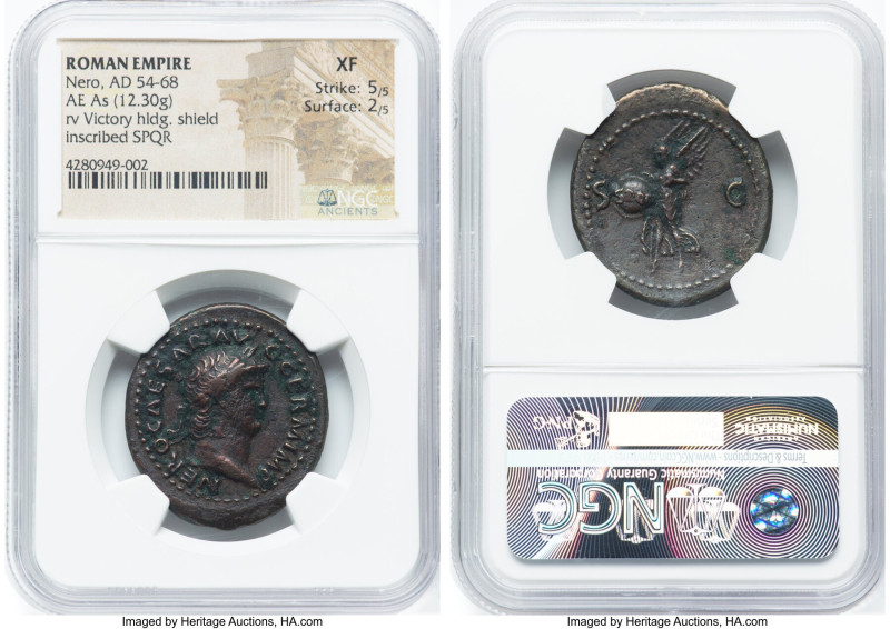 Nero, as Augustus (AD 54-68). AE as (31mm, 12.30 gm, 6h). NGC XF 5/5 - 2/5. Rome...