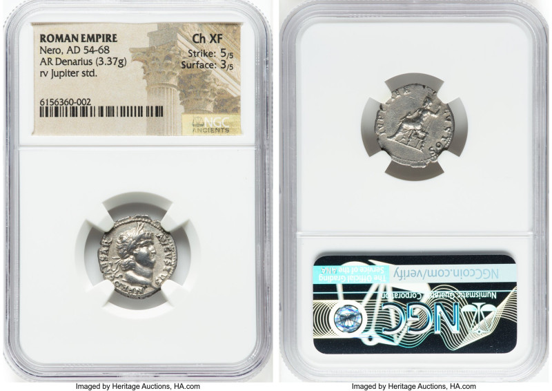 Nero, as Augustus (AD 54-68). AR denarius (19mm, 3.37 gm, 7h). NGC Choice XF 5/5...