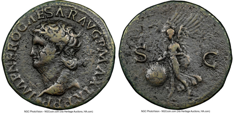 Nero, as Augustus (AD 54-68). AE as (28mm, 10.01 gm, 6h). NGC VF 5/5 - 2/5, bent...