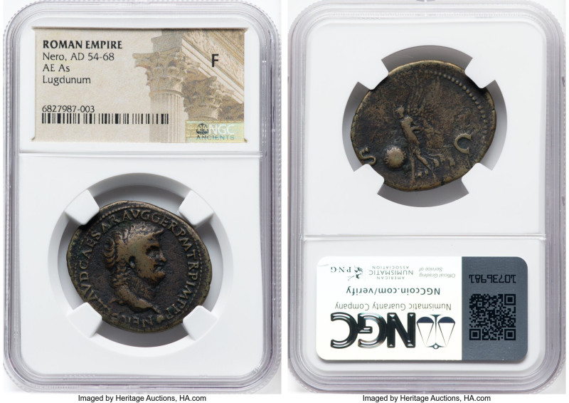 Nero, as Augustus (AD 54-68). AE as (31mm, 5h). NGC Fine. Lugdunum, AD 66. NERO ...