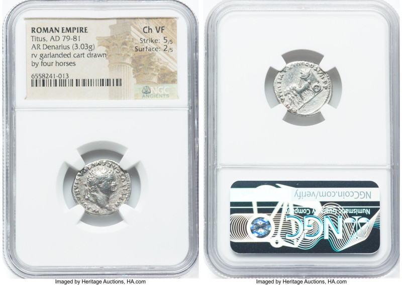 Titus, as Augustus (AD 79-81). AR denarius (18mm, 3.03 gm, 5h). NGC Choice VF 5/...