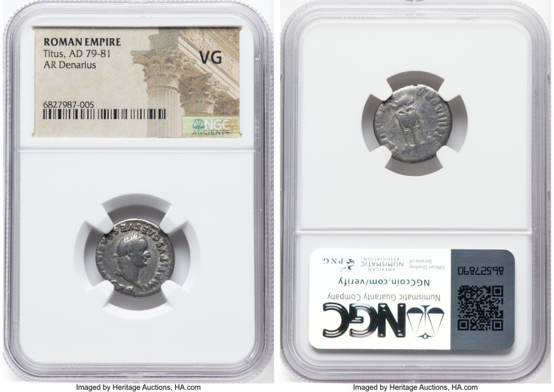 Titus, as Augustus (AD 79-81). AR denarius (18mm, 5h). NGC VG. Rome, 1 January-3...