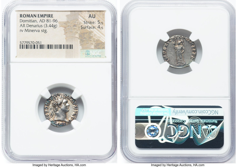 Domitian, as Augustus (AD 81-96). AR denarius (18mm, 3.44 gm, 6h). NGC AU 5/5 - ...