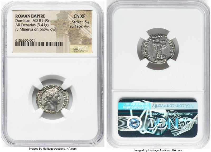 Domitian, as Augustus (AD 81-96). AR denarius (19mm, 3.41 gm, 6h). NGC Choice XF...