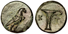 Aeolis. Kyme. (320-250 BC) Bronze Æ. (10mm 0,82g). Obv: eagle seated left. Rev: Oinochoe.