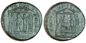 Trajan. (114-117 AD) Bronze Æ. (22mm, 11,79g) Mysia. Pergamon. Obv: tetrastyle temple on crepidoma, within Augustus and Roma standing. Rev: tetrastyle...