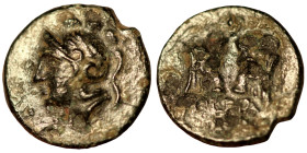 Mysia. Pergamon. (around 300 BC) Bronze Æ. (12mm 1,18g) Obv: helmeted head of Athene right. Rev: bull heads facing.