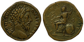 Marcus Aurelius. (161-180 AD). Æ Sesterz. (31mm, 28,64g) Rome. Obv: M ANTONINVS AVG TRP XXVI. laureate bust of Marcus Aurelius right. Rev: IMP VI COS ...