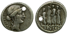 Marcus Junius Brutus. (54 BC) AR Denar. (19,5mm, 3,69g) Rome. Obv: LIBERTAS. head of Libertas right. Rev: BRVTVS. Lucius Junius Brutus walking in proc...