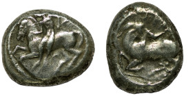 Cilicia. Kelenderis. (430-420 BC) AR Stater. (20mm, 10,61g) Obv: Youth, holding whip and reins, dismounting from horse rearing left and letter A below...
