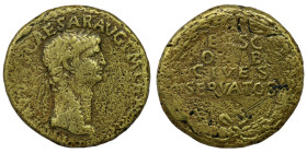 Claudius. (41-50 AD). Æ Sesterz. (32mm, 23,80g) Rome. Obv: TI CLAVDIVS CAESAR AVG P M TR P IMP. laureate bust of Claudius right. Rev: EX S C OB CIVES ...