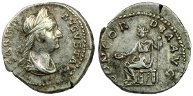 Sabina. (130-133 AD) AR Denar. (17mm, 2,81g) Rome. Obv: SABINA AVGVSTA. draped bust of Sabina right. Rev: CONCORDIA AVG. Concordia seated left holding...