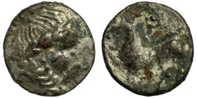 Eastern Celts. Imitations of Philip II. of Macedon. "Kugelwange" (2.-1. Century BC) AR Drachm. (14mm, 2,18g) Obv: head of Philip II. right. Rev: horse...