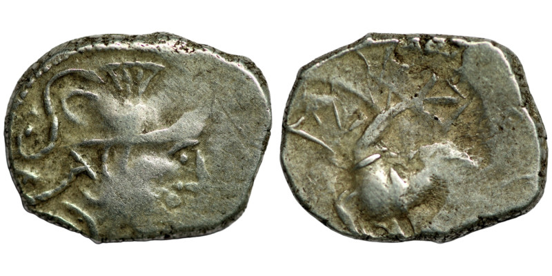 Celtic. Gallien. Allobroges. (1. Century BC) AR Quinar. (15mm, 2,37g) Obv: helme...