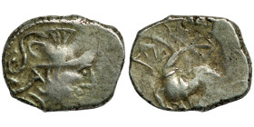 Celtic. Gallien. Allobroges. (1. Century BC) AR Quinar. (15mm, 2,37g) Obv: helmeted head right. Rev: hippocamp right.