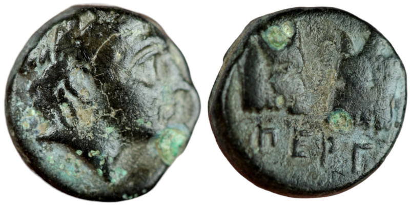 Mysia. Pergamon. (around 300 BC) Bronze Æ. (8mm 0,85g) Obv: helmeted head of Ath...
