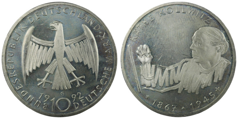 Bundesrepublik Deutschland. (1992) 10 Mark. 625/1000 Silber. Kathe Kollwitz. 15,...