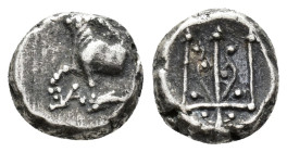 THRACE,
Byzantion.
Hemidrachm
(AR, 11 mm, 1.87 g)
c. 387/6-340 BC.

ΠΥ Forepart of a bull standing left on a dolphin, monogram below raised fore...