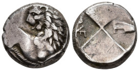 THRACE,
Chersonesos.
Hemidrachm
(AR, 12 mm, 2.46 g)
c. 357-320 BC.

Forepart of lion right, head turned back to left. / Quadripartite incuse squ...