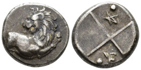 THRACE,
Chersonesos.
Hemidrachm
(AR, 13 mm, 2.38 g)
c. 357-320 BC.

Forepart of lion right, head turned back to left. / Quadripartite incuse squ...