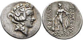 ISLANDS OFF THRACE,
Thasos.
Tetradrachm
(AR, 31 mm, 16.82 g)
c. 148-90/80 BC.

Head of youthful Dionysos right, wearing taenia and wreath of ivy...